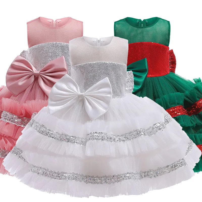 Kids Toddler Girls Fashion Party Cute Sweet Christmas Color Sequins Bow Pleated Sleeveless Mesh Party Tutu Dress