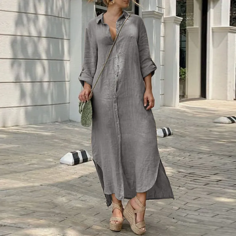 Women Casual Cotton Linen Lapel Single Breasted Maxi Shirt Dress