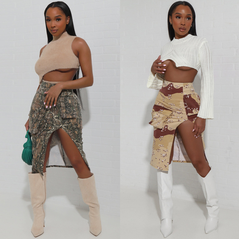 Fashion Women Personalized Camouflage Leaf Print Slit Zipper High Waist Skirt