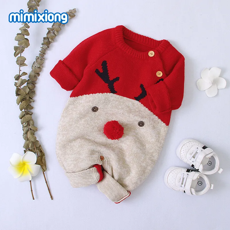 Kids Baby Boys Girls Fashion Casual Cute Christmas Deer Color Knitwear Round Neck Long Sleeve Trousers Romper