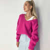 Women Fashion Solid Color Thickened Long-Sleeved Loose Lazy Style V-Neck Pullover Knitted Sweater