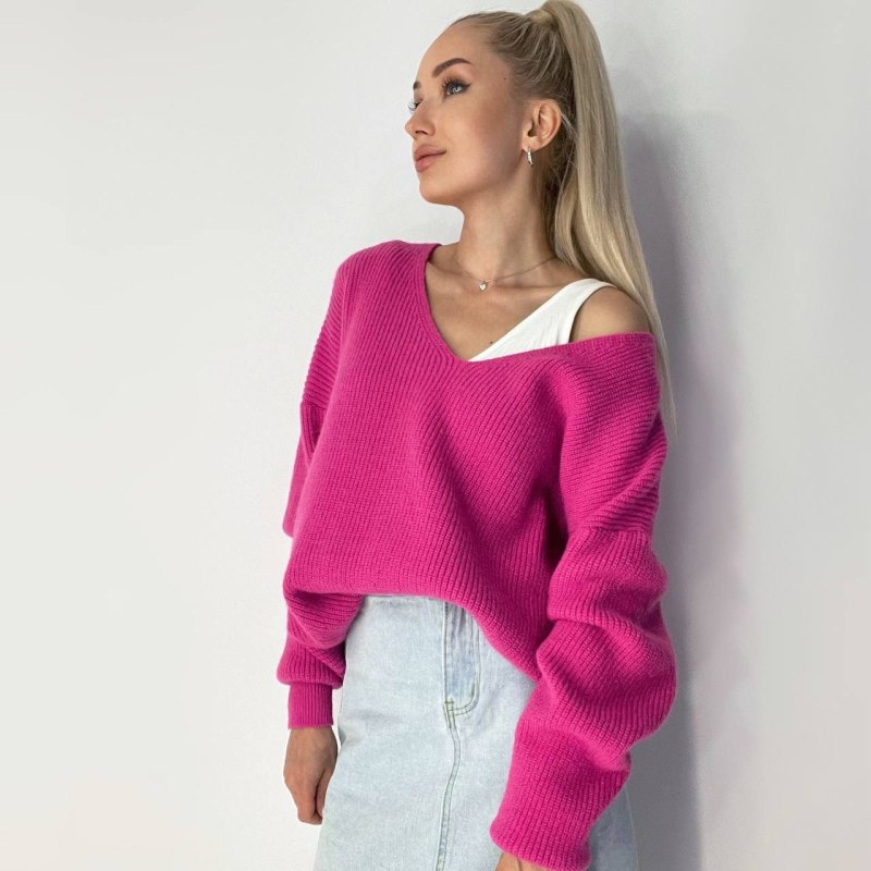 Women Fashion Solid Color Thickened Long-Sleeved Loose Lazy Style V-Neck Pullover Knitted Sweater