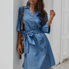 Fashion Lapel Single-Breasted Lace-Up Casual Denim Dress