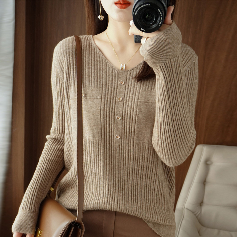 Women Solid Color Urban Casual Office Chic Slim-Fit V-Neck Knitted Long-Sleeved Tops Knitwear