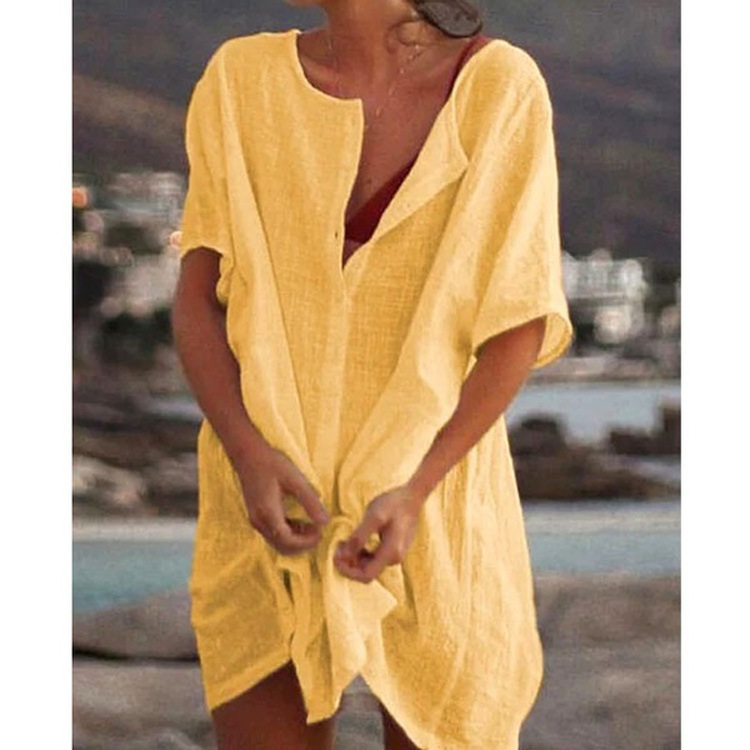 Women Fashion Casual Solid Color Beach Vacation Short Sleeve Loose Blouse Coverup