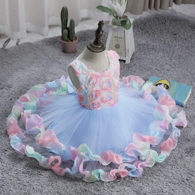 Kids Toddler Big Girls Fashion Party Cute Sweet Floral Flounced Pleated Sleeveless Mesh Party Tutu Dress