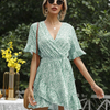 Women Fashion Casual Tiny Flower Printing V-Neck Flare Sleeve Ruffled Dress