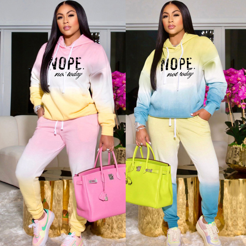 Women Fashion Athleisure Gradient Color Letter Printing Long-Sleeved Hoodies Casual Pants Two-Piece Sports Sets