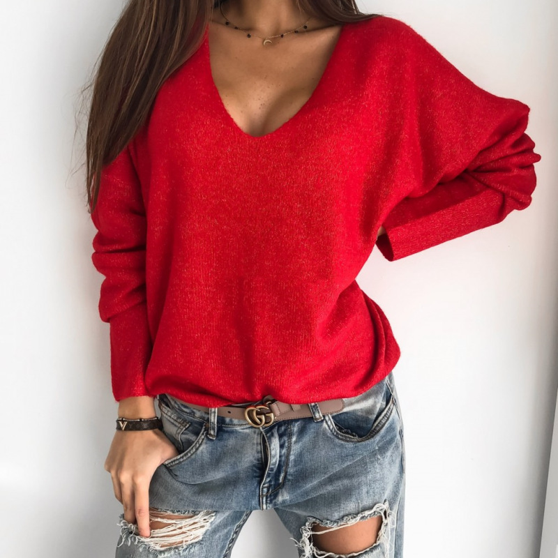 Women Fashion Casual Simple Solid Color V-Neck Pullover Knitted Sweater