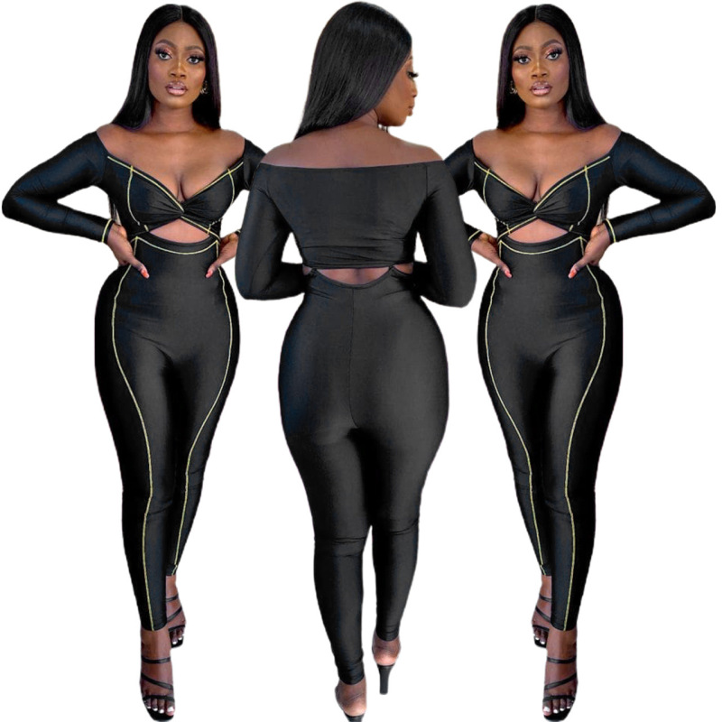 Women One-Piece Collar Solid Color Long-Sleeved Hollow Fashion Jumpsuit