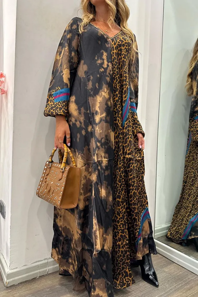 Ramadan /Eid Women Casual Loose V-Neck Leopard Print Long Sleeve Maxi Dress