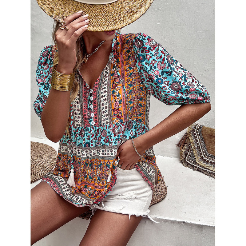 Women'S Casual Vacation V-Neck Printed Top