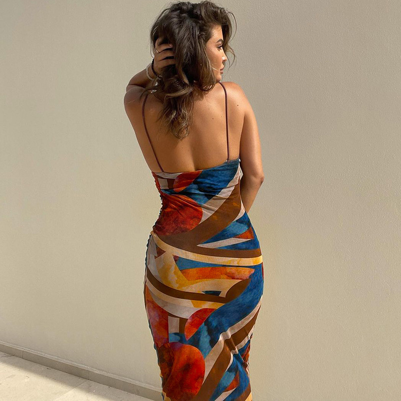 Women New Autumn Elegant Color Blocking Graphic Printed Backless Slip Dress