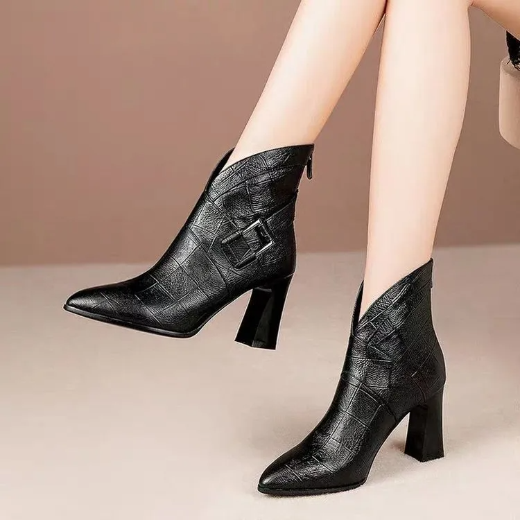 Women'S Fashion Pointed Toe Belt Buckle Stripe Back Zip Block Heel Short Boots