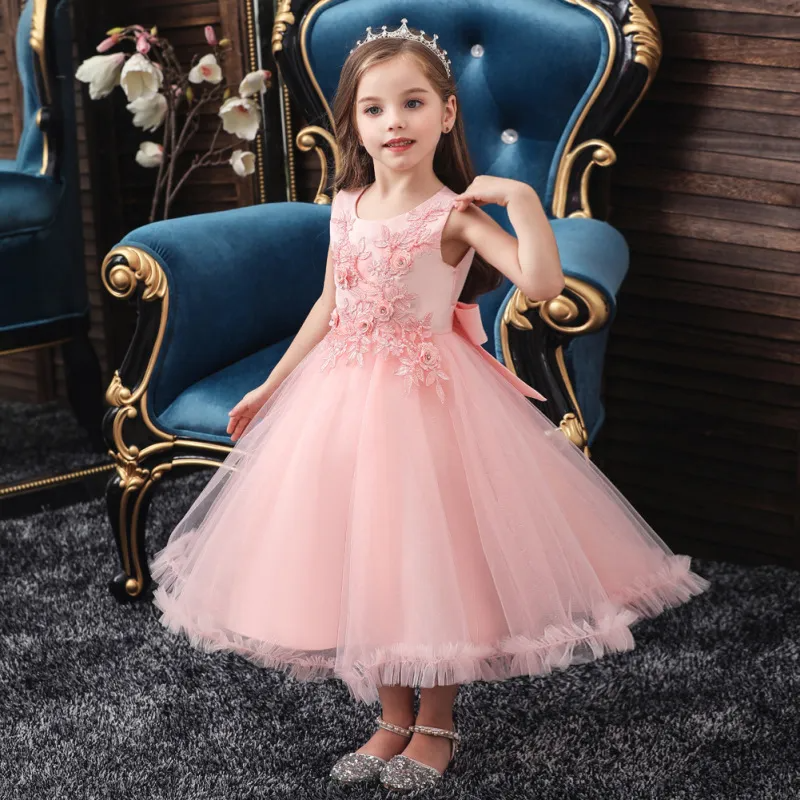 Kids Toddler Big Girls Fashion Party Cute Sweet Solid Color Floral Pleated Sleeveless Mesh Party Tutu Dress