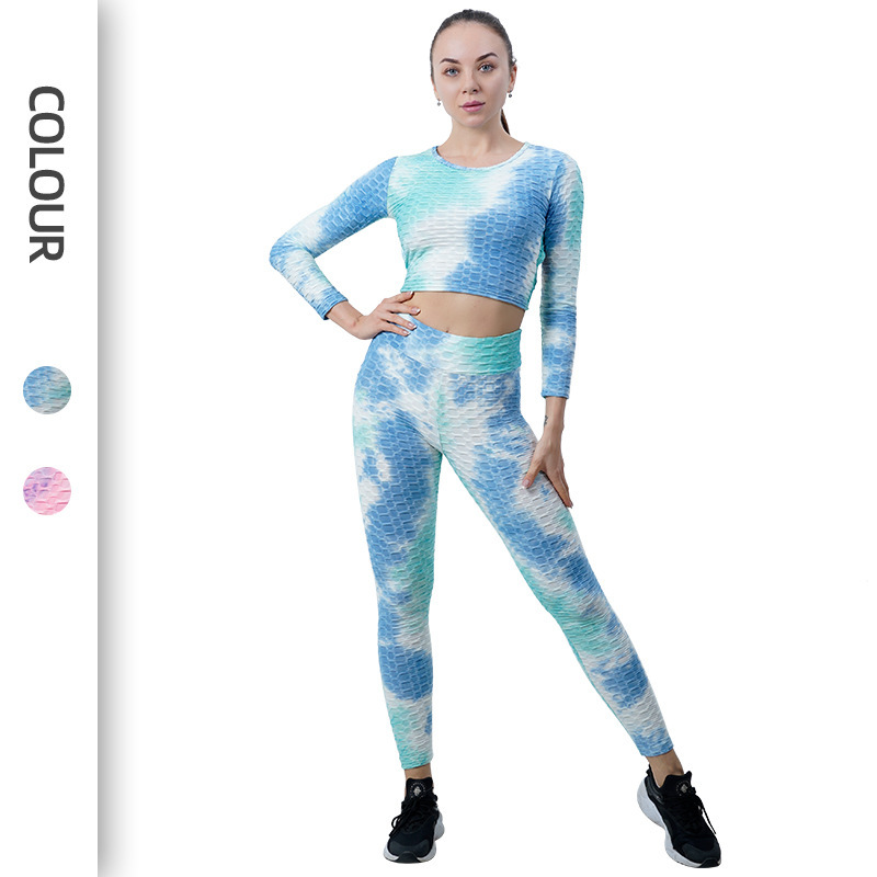 2 pieces Women'S Tie Dye Long Sleeve Backless Jacquard Fitness Bubble Yoga Clothes 2-Piece Set