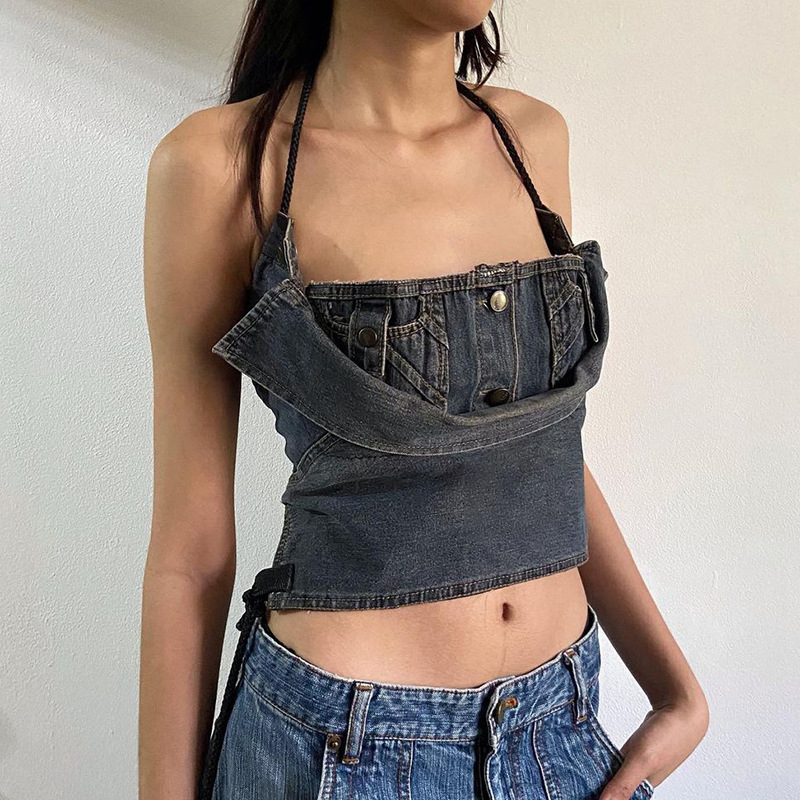 Women'S Fashion Edgy Halter Neck Denim Top