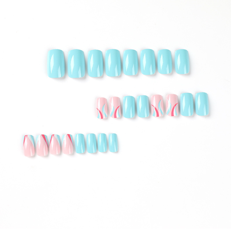 ( Buy 1 Get 2 ) Women Blue And White Powder Stitching Line Wearable False Nails