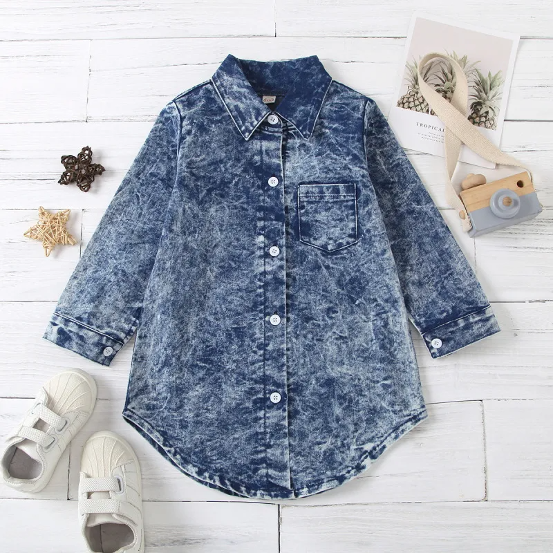 Children Kids Toddlers Fashion Girls Long Sleeve Denim Lapel Shirt