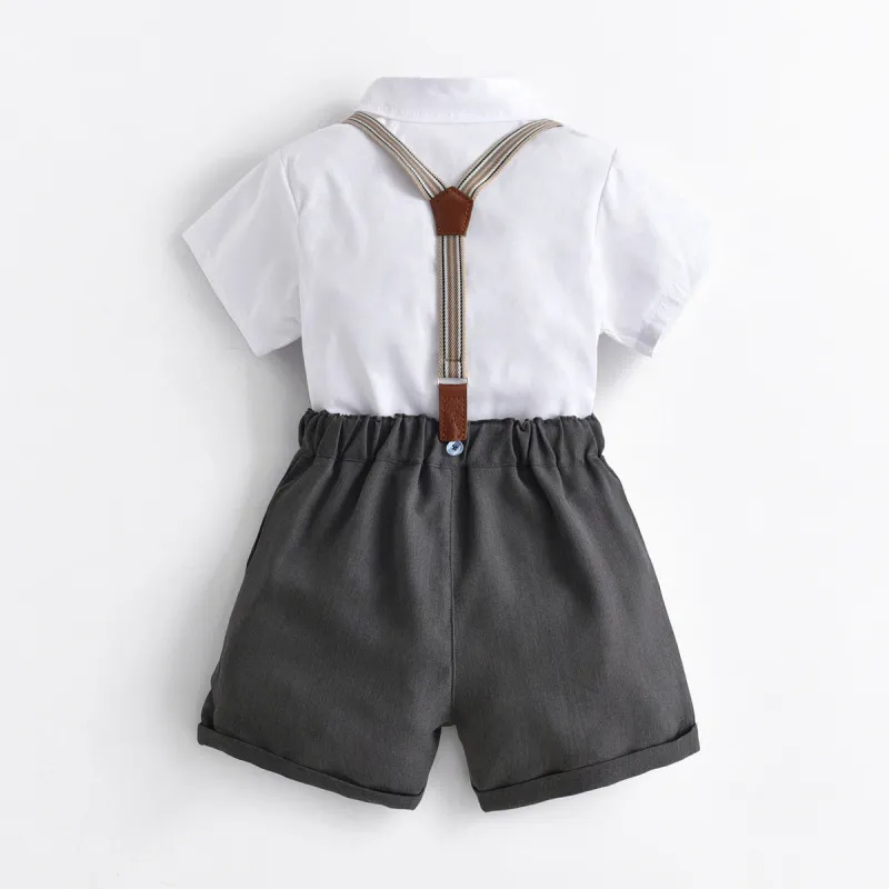 Kids Toddler Boys Summer Fashion Casual British Style Bow Solid Color Lapel Shirt Suspender Trousers Boys Party Clothing Set