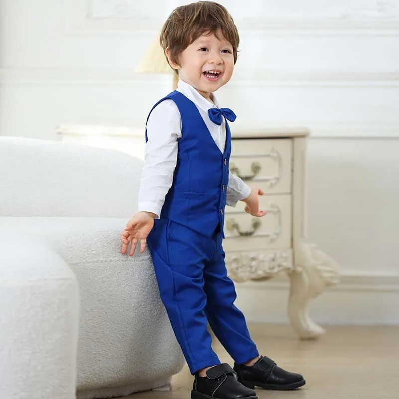 Kids Toddler Boys Party Clothing British Style Waistcoat Solid Color Long Sleeve Lapel Shirt Trousers Set