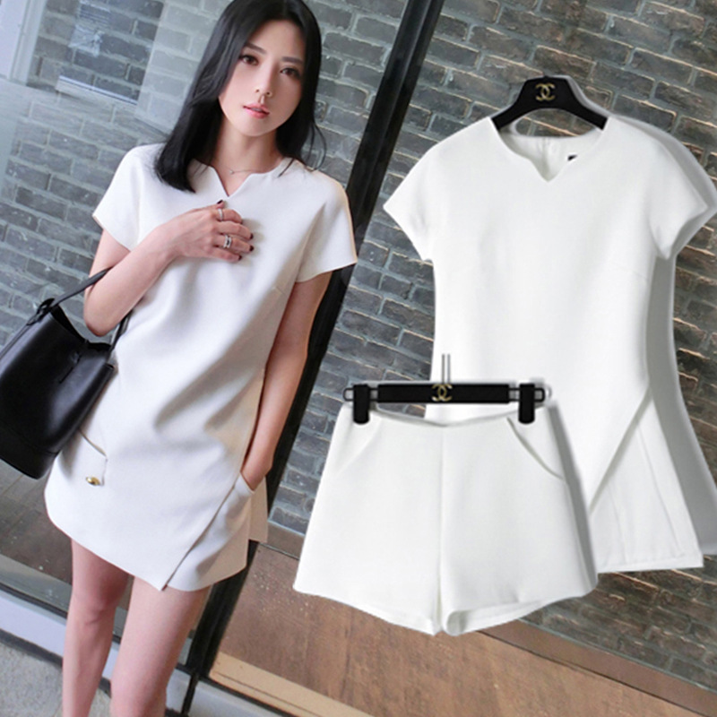 Women Summer Elegant Solid Color Short Sleeve Side Slit Blouse And Shorts Office Chic Set