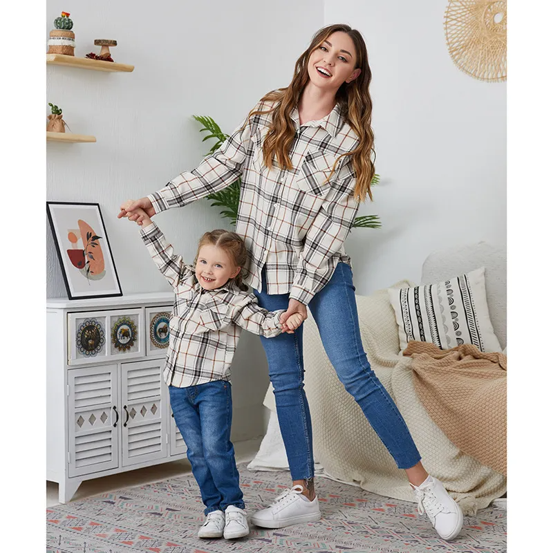 Family Matching Mother And Daughter Plaid Long-Sleeved Lapel Casual Shacket Blouse