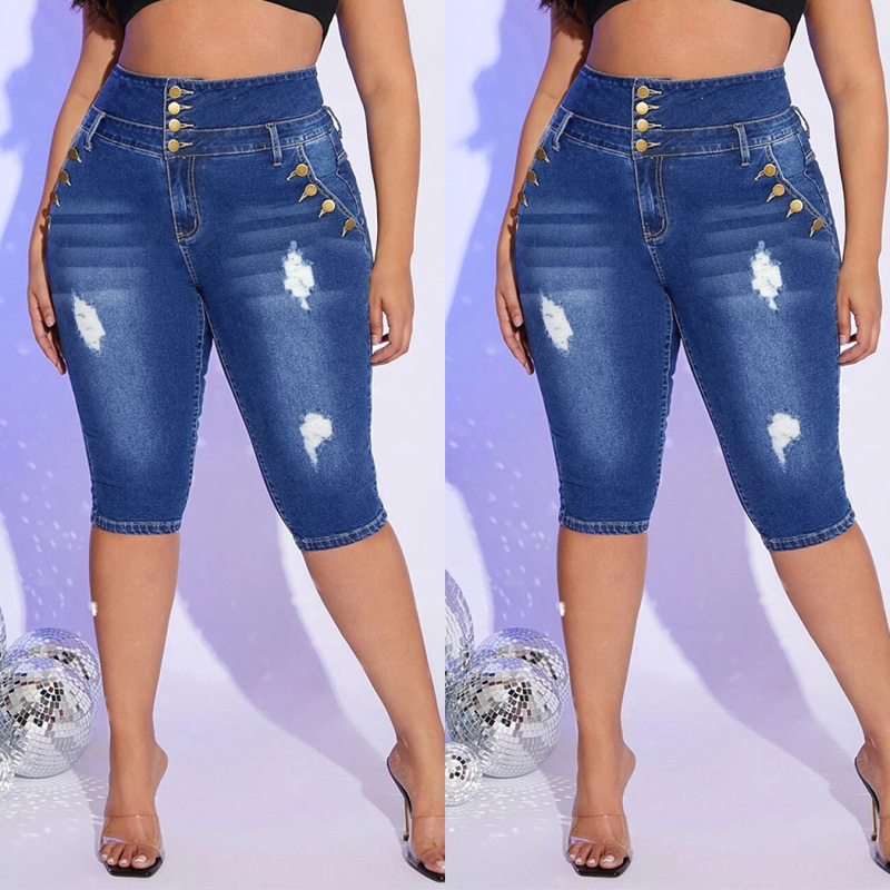 Women'S Fashion Stretch Ripped Large Size High Waist Denim Cropped Pants