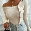 Women Fashion Irregular Buttoned Long Sleeve Knitted Top