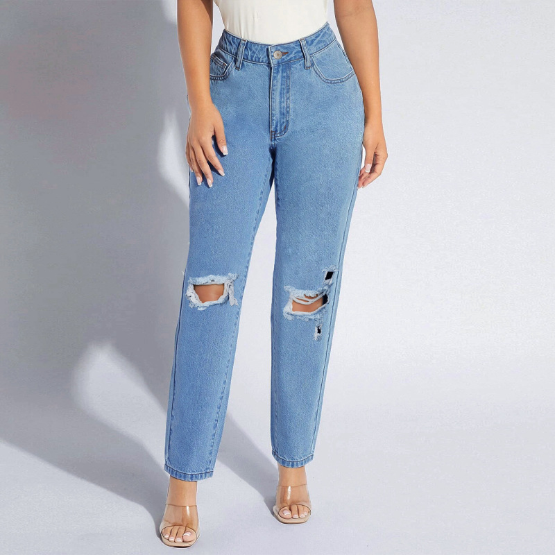 Women Fashion Plus Size Ripped Straight Jeans