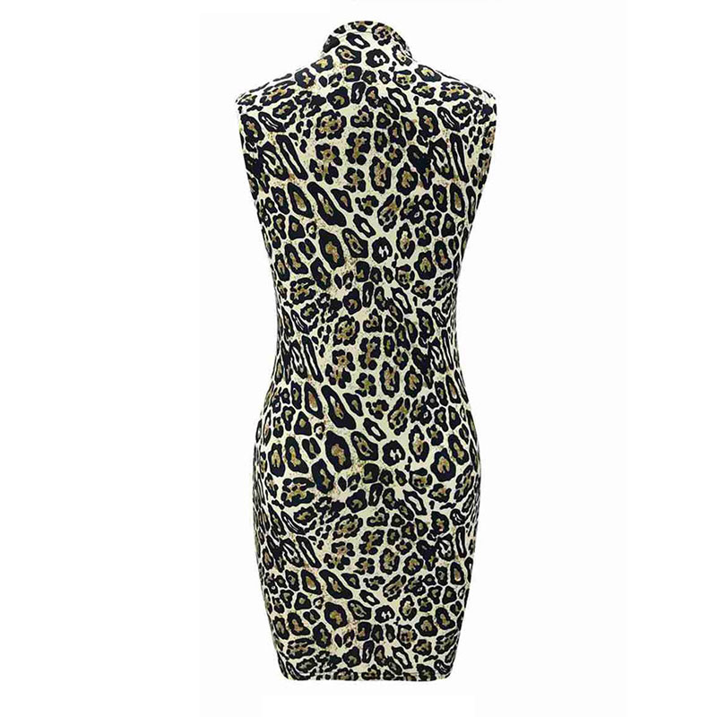 Women Sexy Sleeveless Mock Neck Leopard Print Bodycon Dress