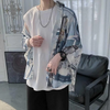 Men Casual Crop Sleeve Lapel Single-Breasted Pattern Printing Loose Shirt