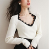 Women Black White Color Matching V-Neck Slim Pullover Knitted Top