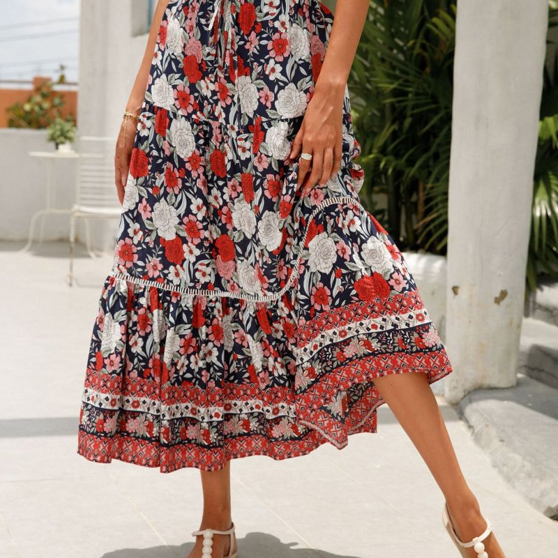 Women Fashion Summer Vacation Floral Print Swing Skirt