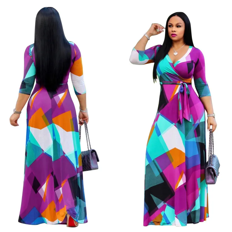 Women Ramadan /Eid Fashion Casual Printed V-Neck Long Sleeve Dress