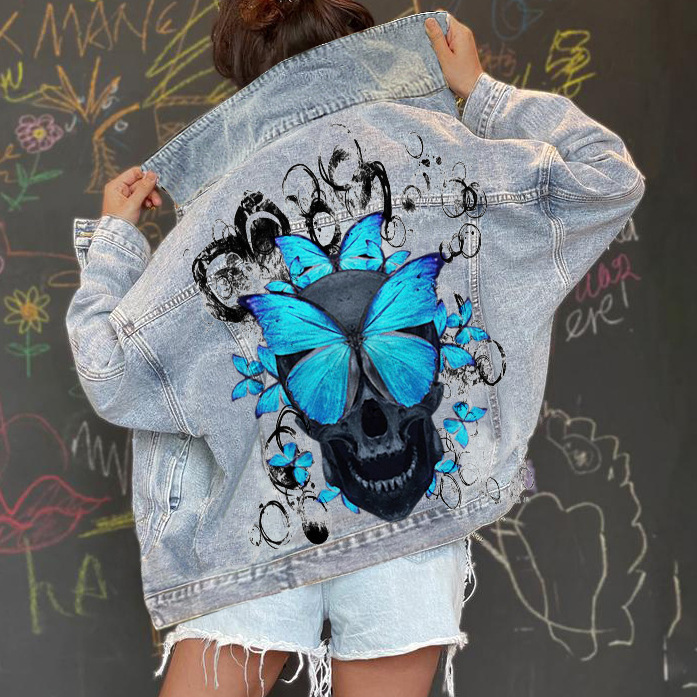 Women Casual Long Sleeves Graphic Butterfly Printed Single-Breasted Denim Jacket