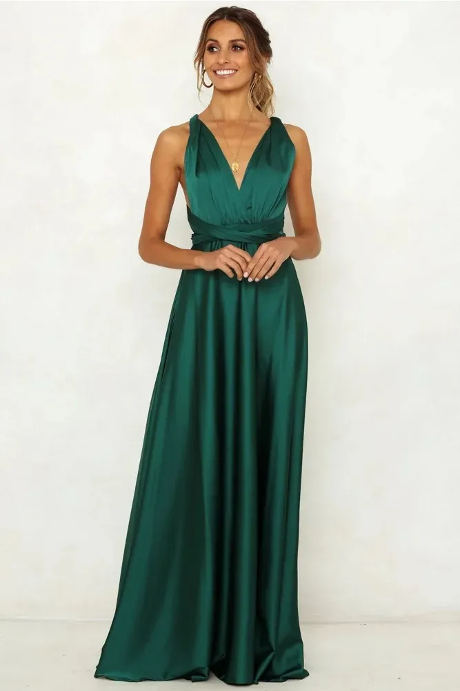 Women Solid Color V-Neck Sleeveless High Waist Backless Long Gown Halter Dress