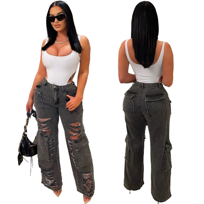 Women Fashion Casual Ripped Tassel Horn Denim Pants