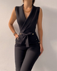 Women Solid Color Defined Waist Button V-Neck Sleeveless Slim Jumpsuits Work Clothing