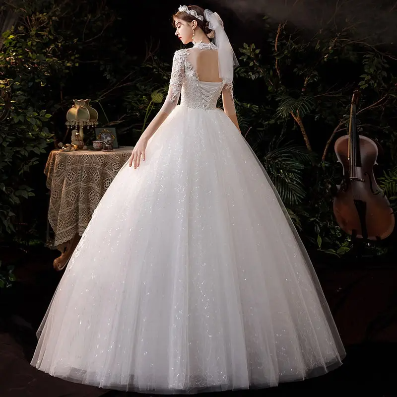 Women Elegant Stand Collar Crochet Hollow Out Lace Wedding Gown