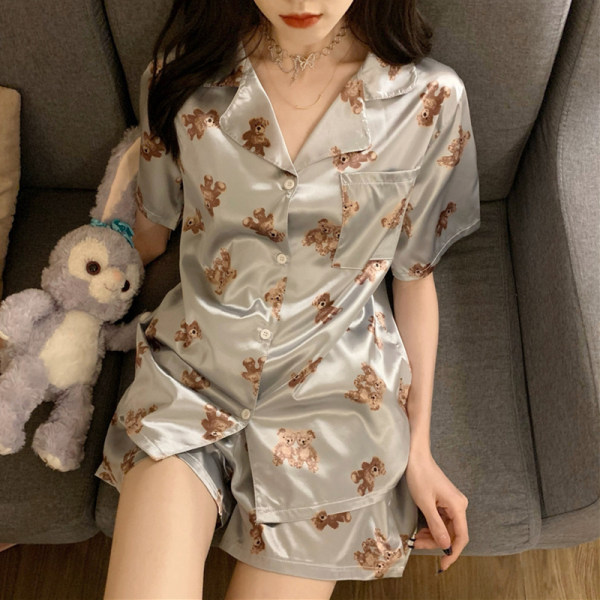 Women Cozy Short Sleeve Bear Print Short Sleeve Sleepwear Pajamas