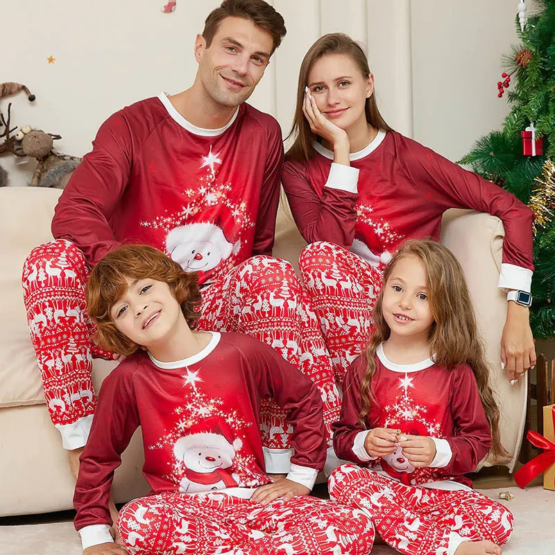 Cartoon Christmas Snowman Print Round Neck Long Sleeve Parent-Child Pajamas Set