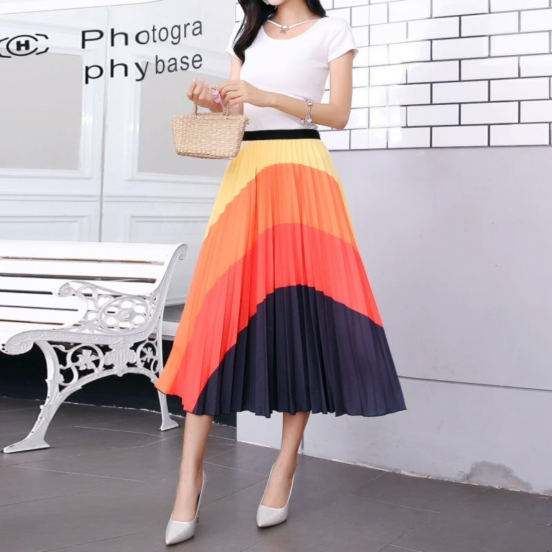 Summer Casual Women Ripple Color Matching Printing Pleated Skirt