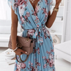 Women Fashion Ruffled Short-Sleeved V-Neck Printing Dress