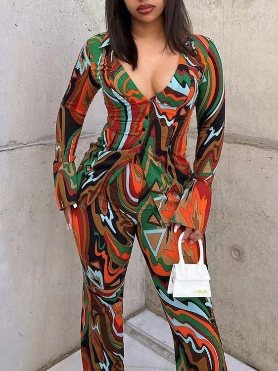 Women Loose Casual Deep V Neck Single Breasted Shirt And Sexy Printed Wide-Leg Pants Fashion Two-Piece Set