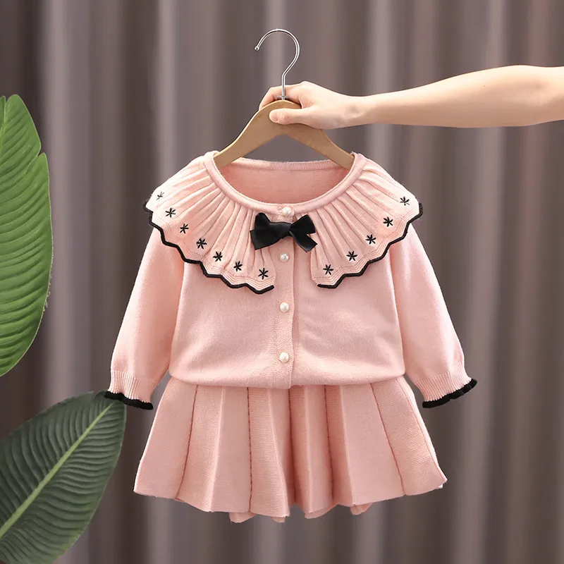 Kids Toddler Girls Autumn Winter Fashion Casual Simple Solid Color Bow Pearl Button Lapel Sweater Pleated Skirt Set