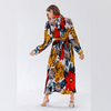 Women Elegant Vacation Loose Stand Collar Pleated Long Sleeves Printed Chiffon Dress