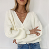 Women Casual V-Neck Buttoned Lantern Sleeve Sweater