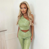 Women Fashion Sexy Solid Color Slanted Shoulder Leather Top Pants Two-Piece Set