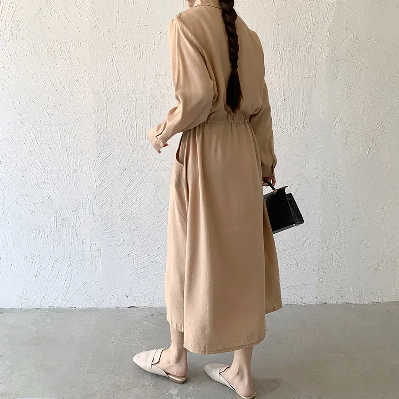 Women Ramadan /Eid Fashion Minimalist Casual Solid Color Lapel Short-Sleeve Drawstring Pocket Single-Breasted Dress